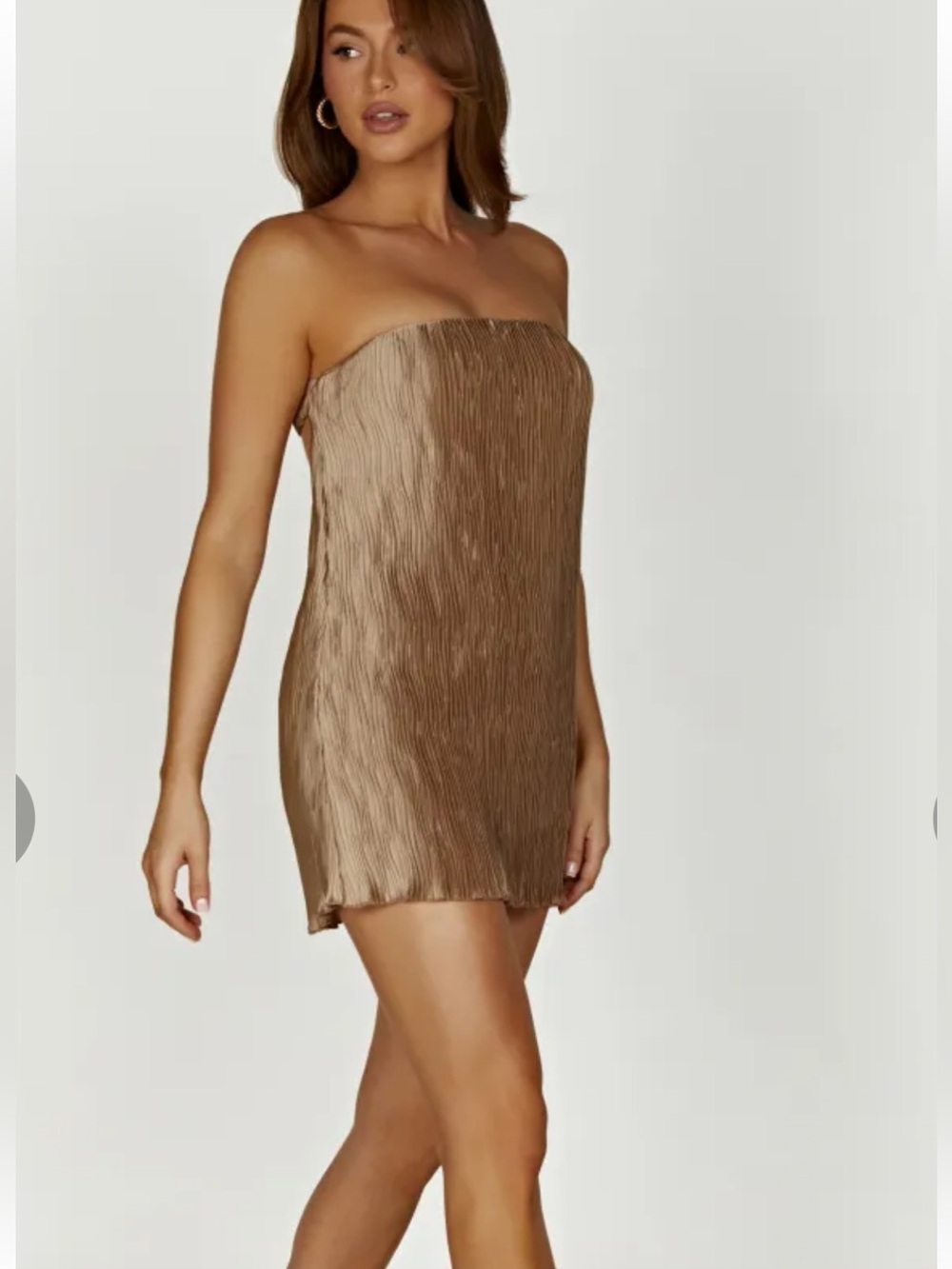 Meshki Athena Plisse Mini Shift Dress - Bronze Size Small